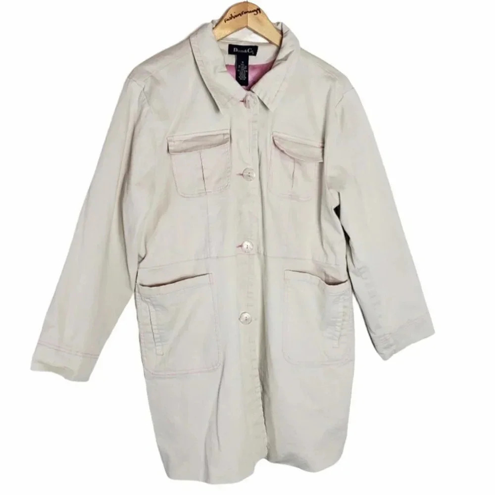 Dona C‎ Lee Beige Pink Trim Button Up Pocketed Knee Length Coat